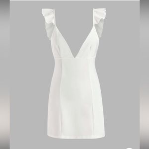 White HOT Satin Sexy Ruffle Shoulder Plunge Neckline Mini Dress Spaghetti Straps